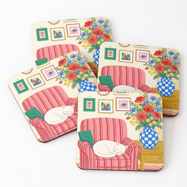Item preview, Cozy Red Armchair Sleeping White Cat Folk Art Illustration designed and sold by Artemis & Woven Collective.