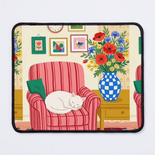 Item preview, Cozy Red Armchair Sleeping White Cat Folk Art Illustration designed and sold by Artemis & Woven Collective.