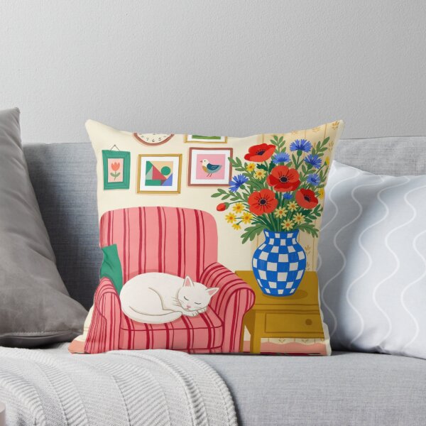 Item preview, Cozy Red Armchair Sleeping White Cat Folk Art Illustration designed and sold by Artemis & Woven Collective.