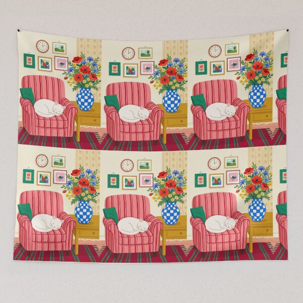 Item preview, Cozy Red Armchair Sleeping White Cat Folk Art Illustration designed and sold by Artemis & Woven Collective.