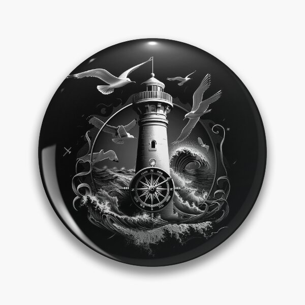 Item preview, Lighthouse Compass with Ocean Waves and Seagulls Black and White Nautical Art designed and sold by inkoutninja.