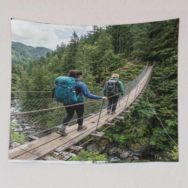 Item preview, Two Female Backpackers Crossing High Wooden Suspension Bridge designed and sold by Solomon-Ent-144.