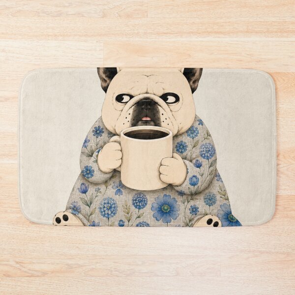 Item preview, Blue Floral Coffee Frenchie – Grumpy French Bulldog designed and sold by joycrysstudio.