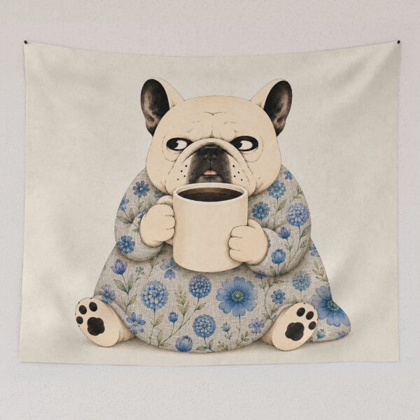 Item preview, Blue Floral Coffee Frenchie – Grumpy French Bulldog designed and sold by joycrysstudio.