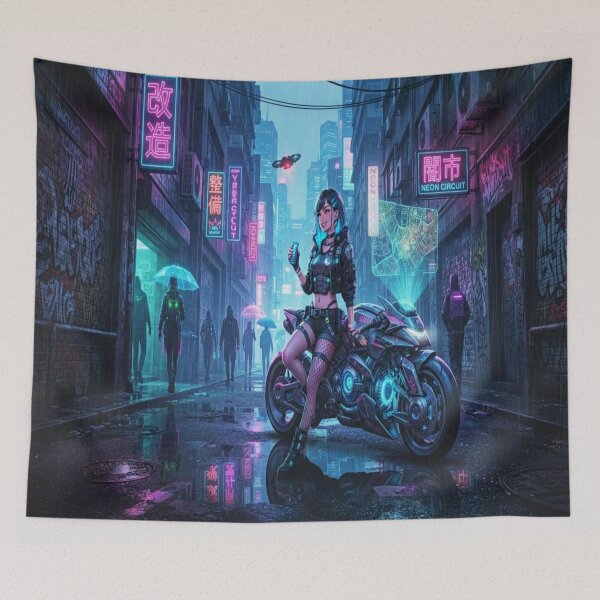 Item preview, Cyberpunk Alleyway Neon Motorcycle Girl designed and sold by JMAVILA ART.