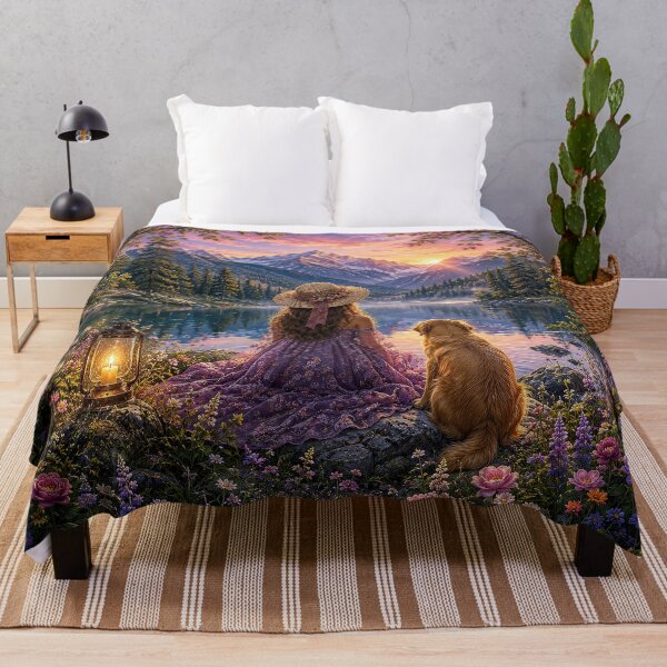 Item preview, Mountain Companions – Woman and Golden Retriever at Sunset designed and sold by Ray's Photos & Art.