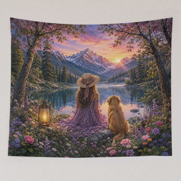 Item preview, Mountain Companions – Woman and Golden Retriever at Sunset designed and sold by Ray's Photos & Art.