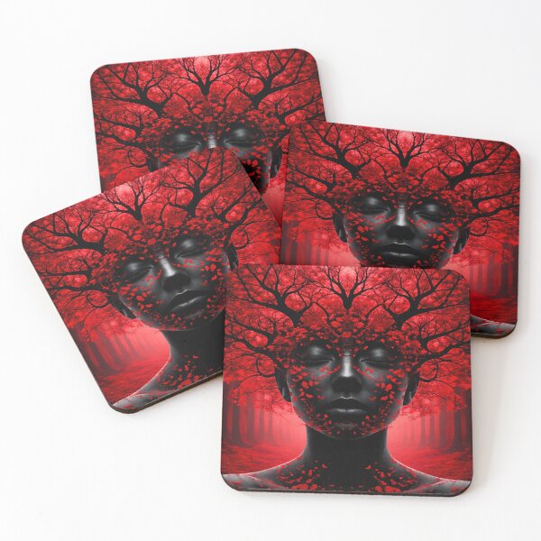 Item preview, Red Forest Woman Portrait – Dark Surreal Nature Fantasy Art Print designed and sold by Kaleidoscope Print.