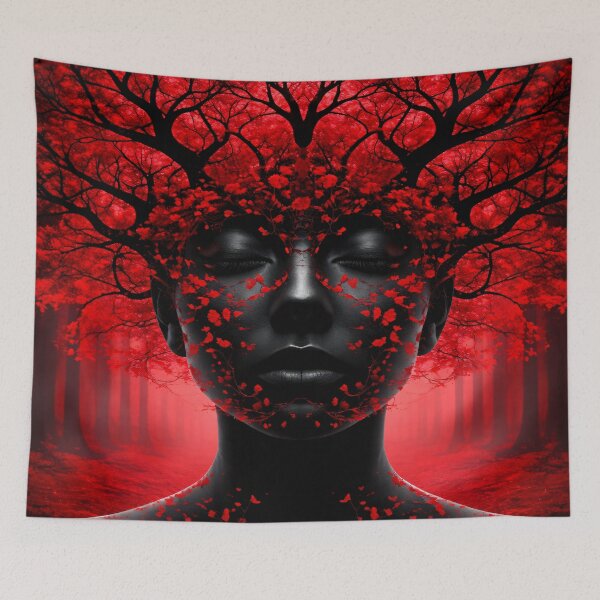 Item preview, Red Forest Woman Portrait – Dark Surreal Nature Fantasy Art Print designed and sold by Kaleidoscope Print.