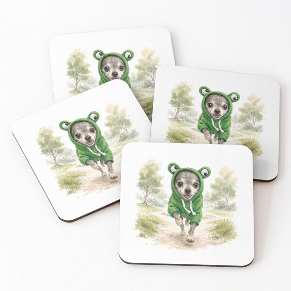 Item preview, Hoppy Little Adventure – Watercolor Chihuahua in a Frog Hoodie designed and sold by Russell Thorne.