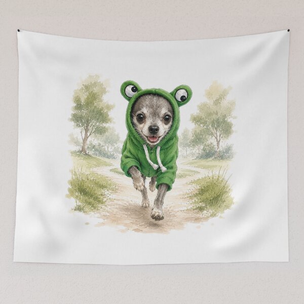Item preview, Hoppy Little Adventure – Watercolor Chihuahua in a Frog Hoodie designed and sold by Russell Thorne.