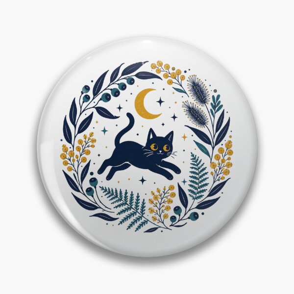 Item preview, Celestial Black Cat And Wattle Wreath Cute Black Cat Jumping Under Moon designed and sold by Yellowriversss.
