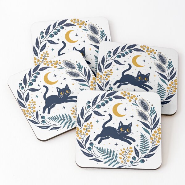 Item preview, Celestial Black Cat And Wattle Wreath Cute Black Cat Jumping Under Moon designed and sold by Yellowriversss.