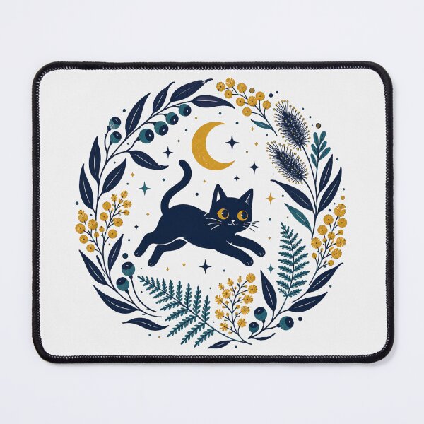 Item preview, Celestial Black Cat And Wattle Wreath Cute Black Cat Jumping Under Moon designed and sold by Yellowriversss.