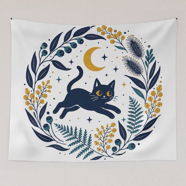 Item preview, Celestial Black Cat And Wattle Wreath Cute Black Cat Jumping Under Moon designed and sold by Yellowriversss.