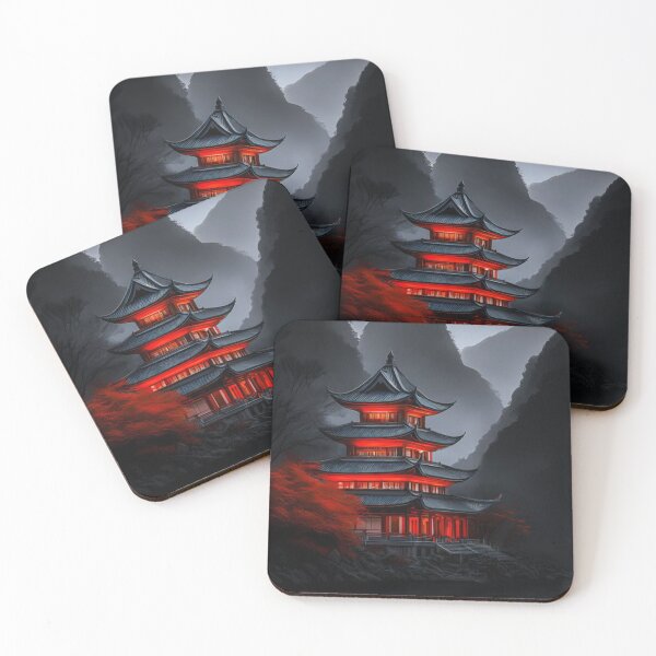 Item preview, Japanese Pagoda at Night — Glowing Temple in Misty Mountains Wall Art designed and sold by LYAN-STORE.