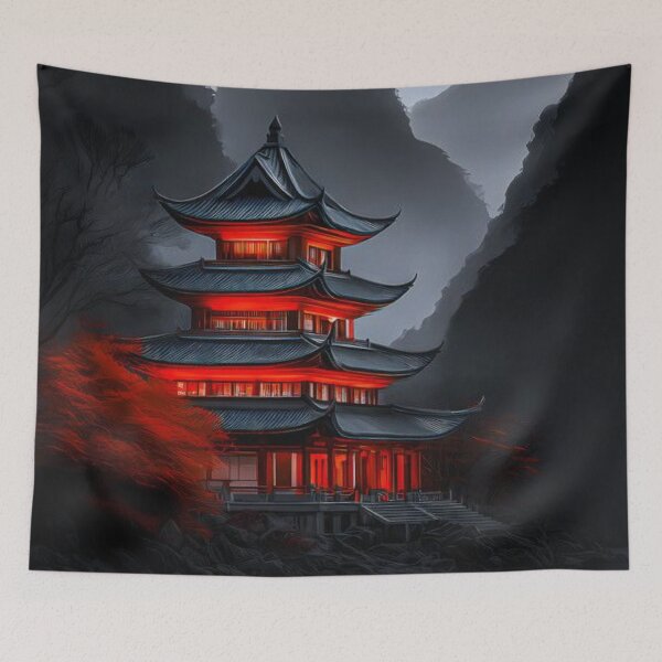 Item preview, Japanese Pagoda at Night — Glowing Temple in Misty Mountains Wall Art designed and sold by LYAN-STORE.