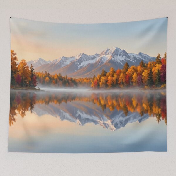 Item preview, Autumn Lake Mirror Reflection Golden Hour Painting designed and sold by ArtAmbience.