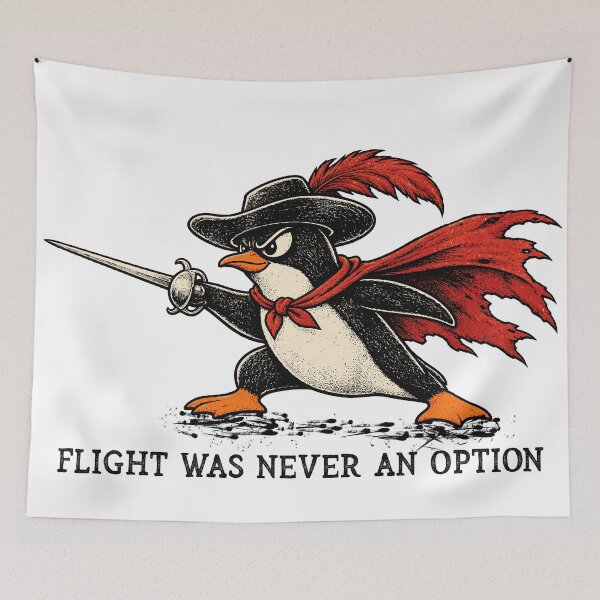Item preview, Flight Was Never an Option, Funny Penguin With Sword Vintage Warrior Illustration designed and sold by TEEDESIGMSTUDIO.