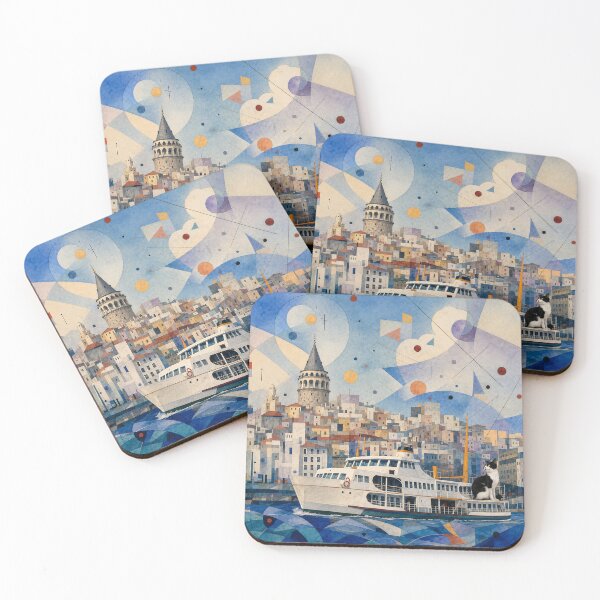 Item preview, Istanbul Cat and Ferry – Geometric Watercolor Cityscape designed and sold by Pacika.
