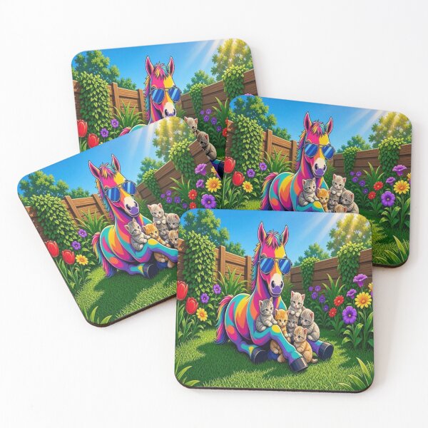 Item preview, Cute Rainbow Horse with Tiny Kittens in Garden Pop Art - Tugy designed and sold by Breezes-of-Ida.