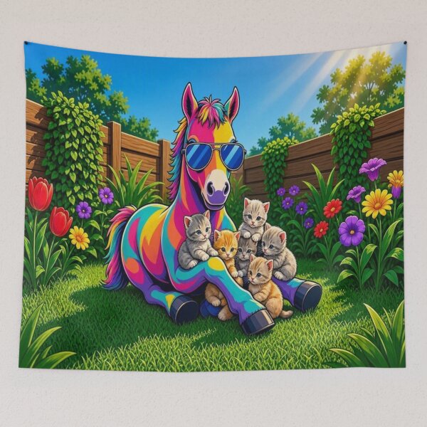 Item preview, Cute Rainbow Horse with Tiny Kittens in Garden Pop Art - Tugy designed and sold by Breezes-of-Ida.