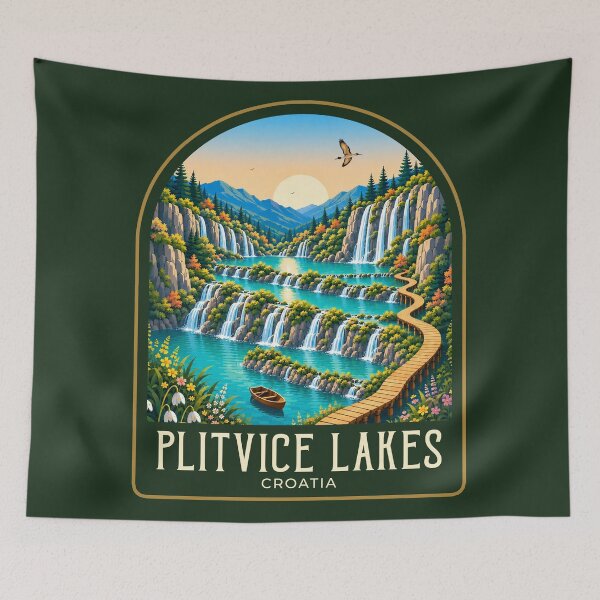 Item preview, Plitvice Lakes Vintage Travel Illustration designed and sold by HomeLivingCo.