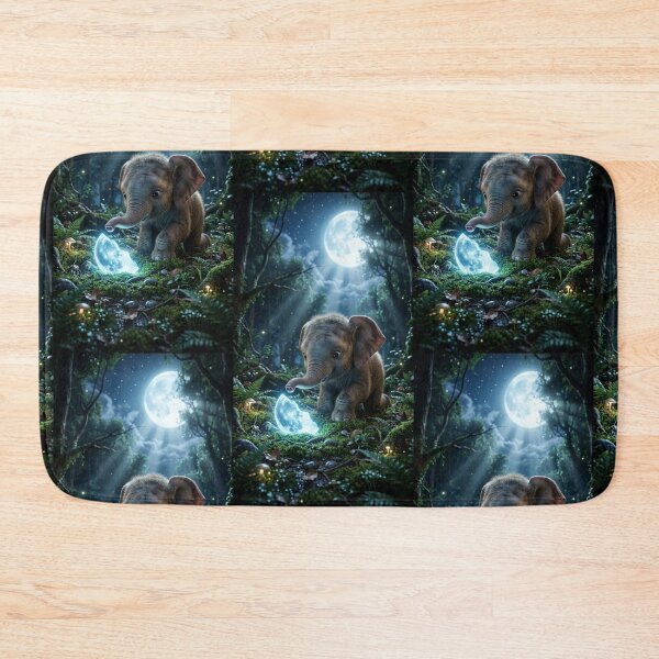 Item preview, Cute Baby Elephant in Enchanted Moonlit Forest – Magical Fantasy Wildlife Art designed and sold by Bhaskar Digital Art.