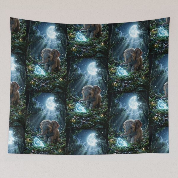 Item preview, Cute Baby Elephant in Enchanted Moonlit Forest – Magical Fantasy Wildlife Art designed and sold by Bhaskar Digital Art.