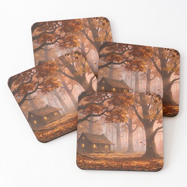 Item preview, Cozy Autumn Cabin Sunset Forest Painting designed and sold by ArtAmbience.