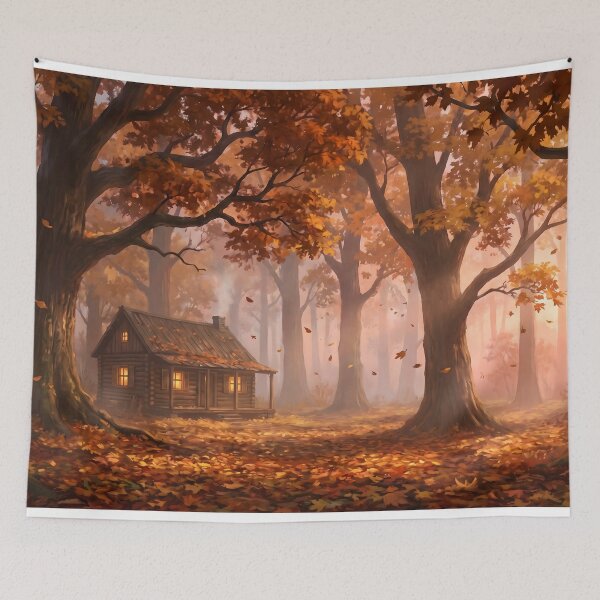 Item preview, Cozy Autumn Cabin Sunset Forest Painting designed and sold by ArtAmbience.