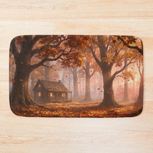 Item preview, Cozy Autumn Cabin Sunset Forest Painting designed and sold by ArtAmbience.