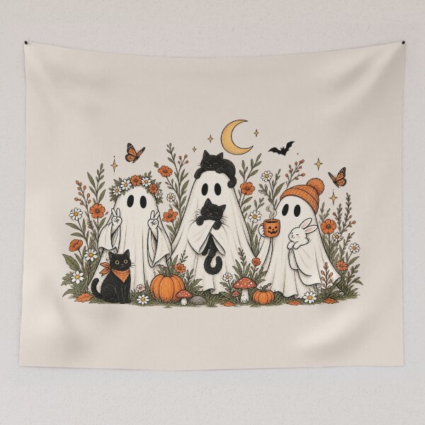 Item preview, Vintage Cottagecore Ghost Black Cat, Whimsical Halloween Wildflower Botanical designed and sold by Quiajia.