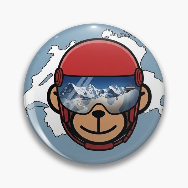 Item preview, A Travel Monkey wearing a red ski helmet with alpine reflections in the goggles — a tribute to Swiss skiing and mountain adventure. designed and sold by MyMonkeyMerch.