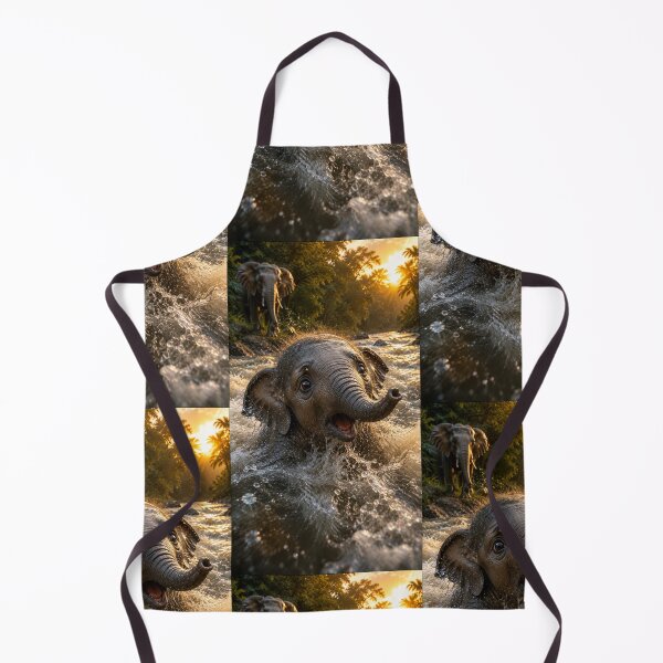 Item preview, Cute Baby Elephant Playing in River at Golden Sunset – Wildlife Safari Art designed and sold by Bhaskar Digital Art.