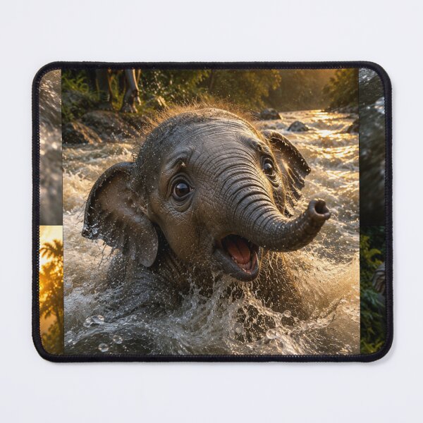 Item preview, Cute Baby Elephant Playing in River at Golden Sunset – Wildlife Safari Art designed and sold by Bhaskar Digital Art.