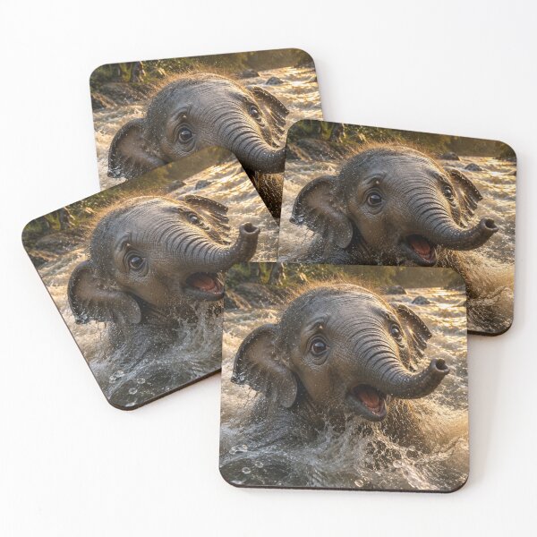 Item preview, Cute Baby Elephant Playing in River at Golden Sunset – Wildlife Safari Art designed and sold by Bhaskar Digital Art.