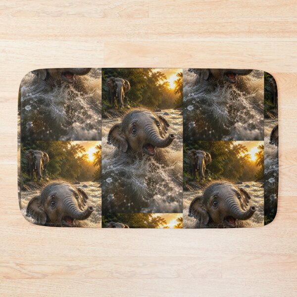 Item preview, Cute Baby Elephant Playing in River at Golden Sunset – Wildlife Safari Art designed and sold by Bhaskar Digital Art.