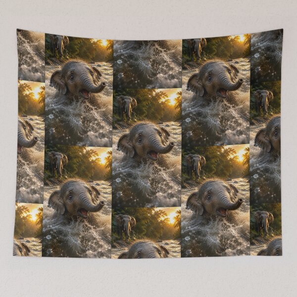 Item preview, Cute Baby Elephant Playing in River at Golden Sunset – Wildlife Safari Art designed and sold by Bhaskar Digital Art.