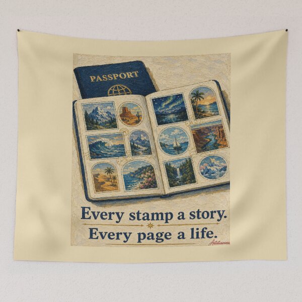 Item preview, Open Passport Tiny Landscapes Stamps Travel Editorial Art Navy Gold designed and sold by Artisticanvas.