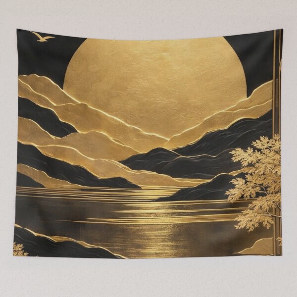 Item preview, Gold Full Moon & Mountains — Luxury Asian Relief Wall Art designed and sold by LYAN-STORE.
