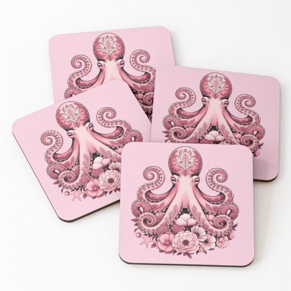 Item preview, Symmetrical Pink Octopus with Starfish and Peonies – Ocean Floral Art designed and sold by ZyxDes.