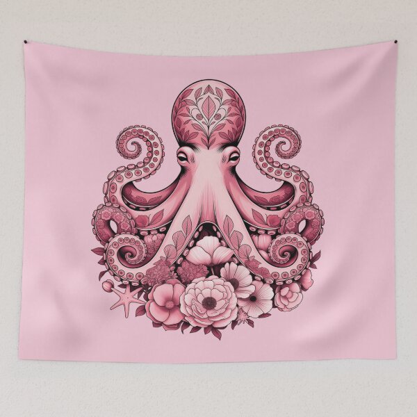 Item preview, Symmetrical Pink Octopus with Starfish and Peonies – Ocean Floral Art designed and sold by ZyxDes.