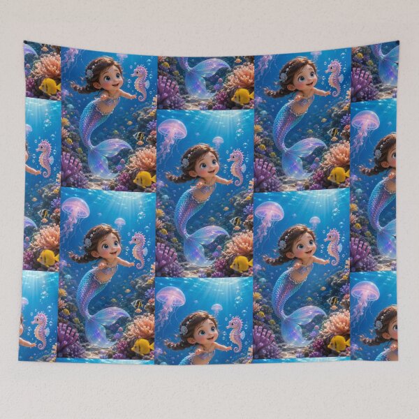 Item preview, Cute Baby Mermaid with Seahorse – Magical Underwater Ocean Fantasy Art designed and sold by Bhaskar Digital Art.