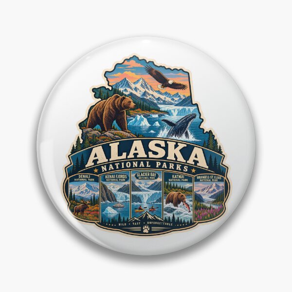 Item preview, Alaska National Parks Vintage Map Badge Denali Kenai Fjords Katmai Glacier Bay designed and sold by LittleArij.