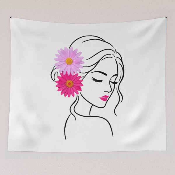 Item preview, Floral Woman Girl Face Closed Eyes Eyelashes Line Art with Pink Daisies 2 Shapes Mania designed and sold by Shapes-Mania.
