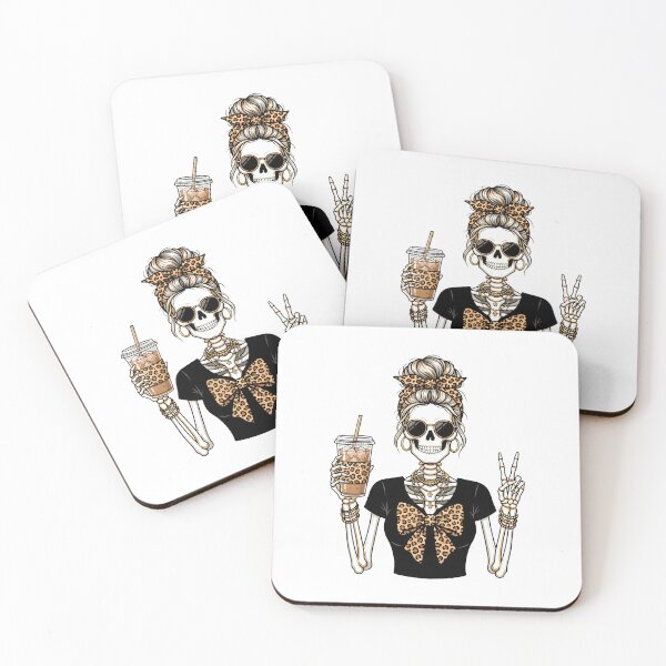 Item preview, Skeleton Mom Iced Coffee Leopard Messy Bun Halloween. designed and sold by MyHappyArtShop.