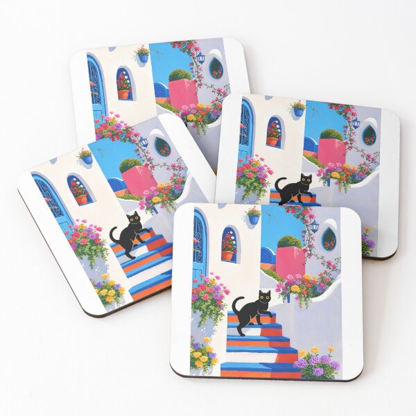 Item preview, Santorini Black Cat Silhouette on Colorful Floral Stairs designed and sold by PurrfectHome.