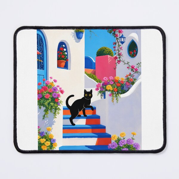 Item preview, Santorini Black Cat Silhouette on Colorful Floral Stairs designed and sold by PurrfectHome.