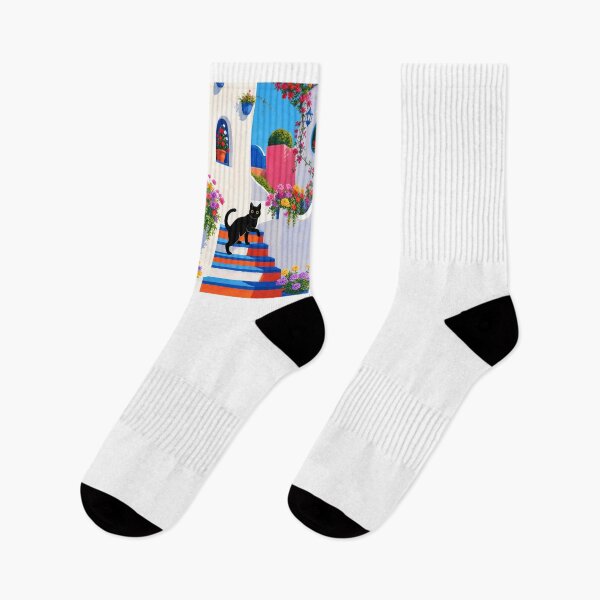 Item preview, Santorini Black Cat Silhouette on Colorful Floral Stairs designed and sold by PurrfectHome.
